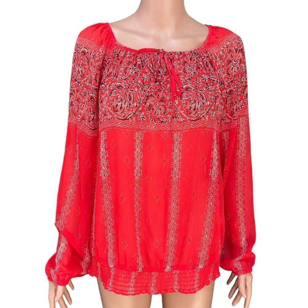 LUCKY BRAND Paisley Print Boho Sheer Smocked Hem Blouse size L